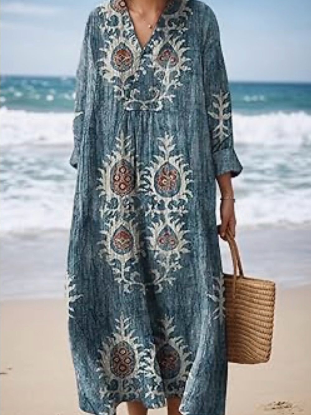 Women's Summer Boho Smocked Long Sleeve Maxi Dress Cute Floral Casual Loose